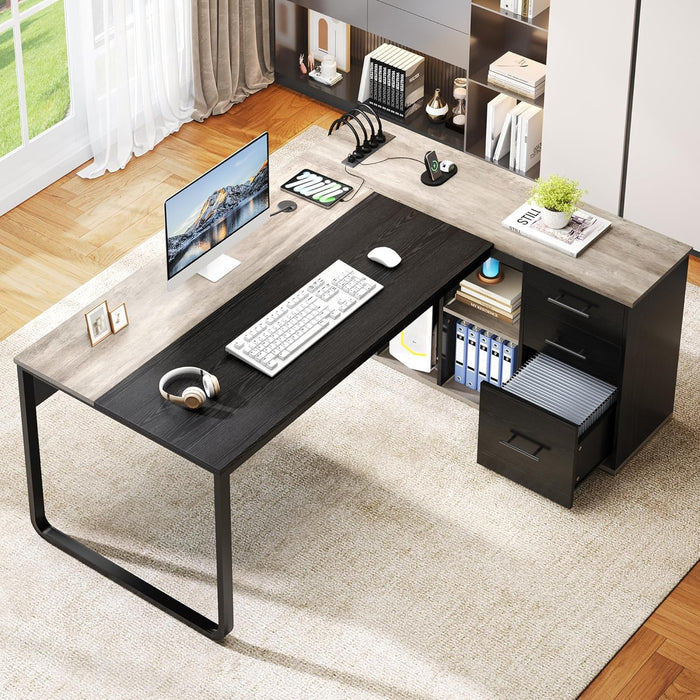 71" Executive Desk with Power Outlets, L Shaped Executive Desk with File Cabinet, Computer Desk with Drawers & Storage Shelves, Corner Office Desk with Bookshelf for Home Office, Grey + Black
