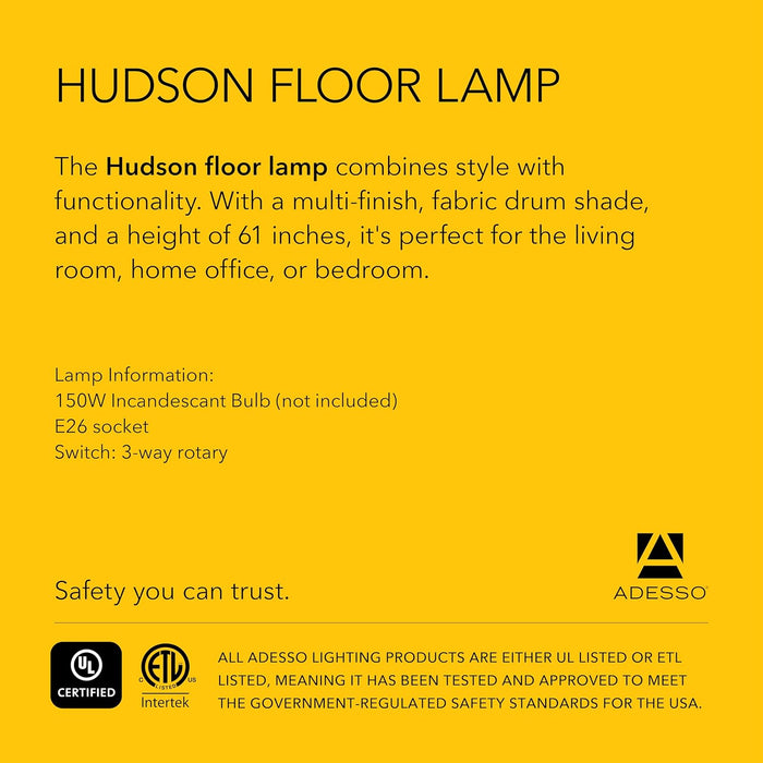 Hudson Floor Lamp - Adjustable Brightness, Perfect Lighting for Bedroom, Living Room and Corner Decor, Maple Eucalyptus Wood & Satin Steel Accents, Soft/White Lampshade