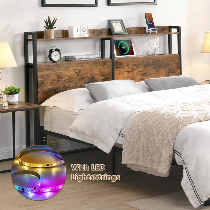 Headboard Queen Size with Storage, 2-Tier Headboard with Shelf, LED Light & Charging Station & USB Port, Sturdy and Easy Assembly, Rustic Brown (Queen)