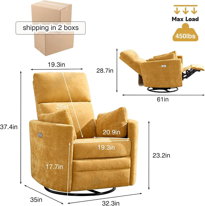 Power Recliner Nursery Swivel Rocking Glider Chair with USB Port,Upholstered Electric Nursing Recliner Rocker Chair for Adults with 2 Pillows for Bedroom Nursery Living Room(Yellow,Power-Driven)