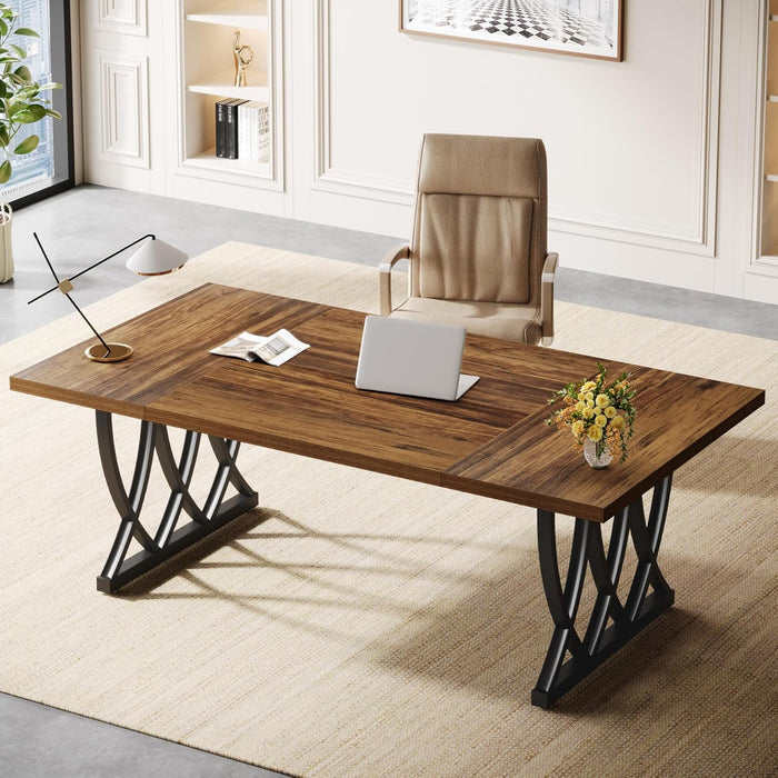70.86-Inch Executive Desk, Large Home Office Desk Computer Desk with Thick Metal Frame, Rectangle Study Writing Table Workstation for Home Office (Retro Brown & Black)