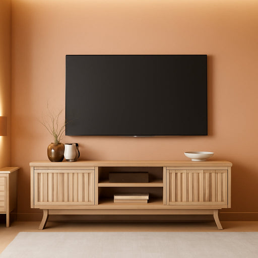 Modern TV Stand for 65/75/80 Inch TV, Long 70" TV Stand Entertainment Center with 2 Storage Cabinets, Fluted-Door Media TV Console Credenza Table for Living Room, Hallway, Light Oak