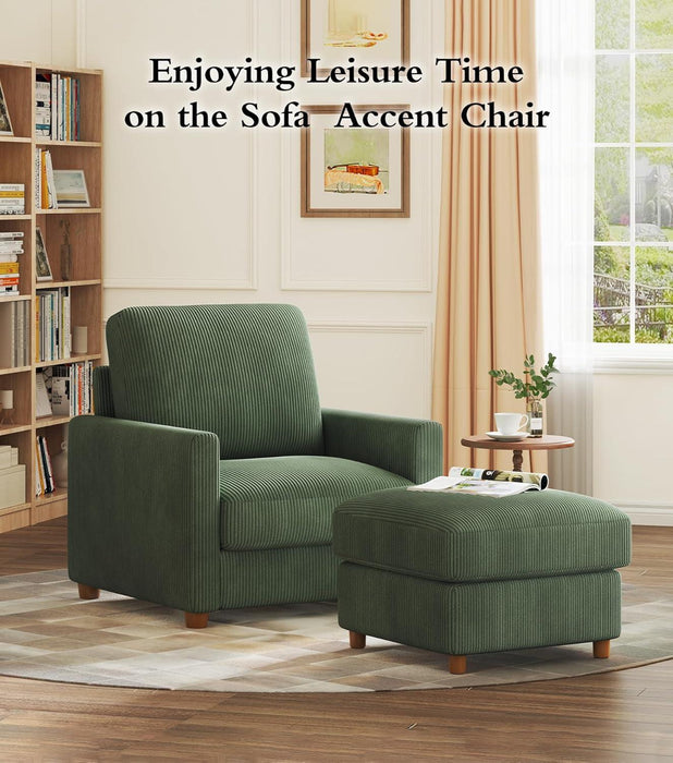 35.5In Corduroy Sofa Accent Chair, Tool-Free Setup Living Room Couch Accent Chairs, Reading Chair for Bedroom 22.5In Extra Deep Seats, Comfy Arm Chairs for Office, All-Wood Reading Nook Green