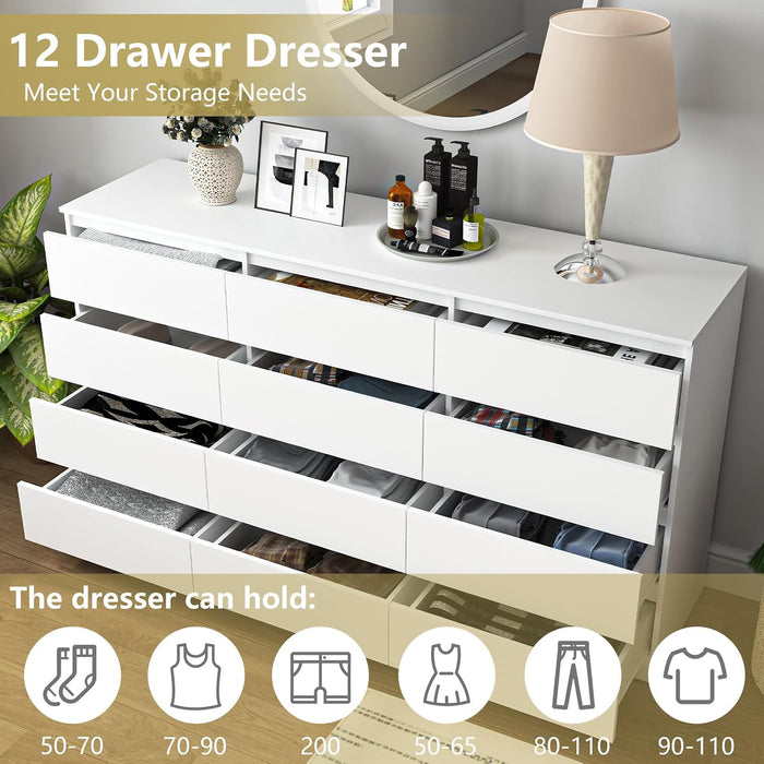 White 12 Drawer Dresser for Bedroom,Modern Long Deep Drawer Dresser,Wood Storage Chest of Drawer, Storage Organizer Drawers for Living Room