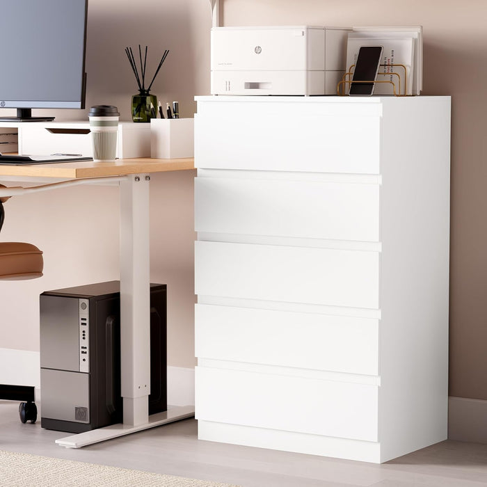 White Wood Dresser for Bedroom, 5 Drawer for Clothes Storage, Modern Dresser with Wide Drawers, Wide Wooden Chest Drawers for Living Room, Entryway, TV Stand