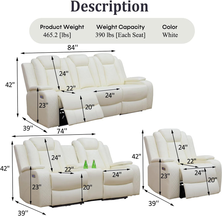 Power Recliner Sofa Set with LED Lights,Leather Reclining Sofa with USB Port/Wireless Charger/Storage Console/Cup Holder,Living Room Furniture Set for House/Home Theater(3 Piece Set,Creamy)