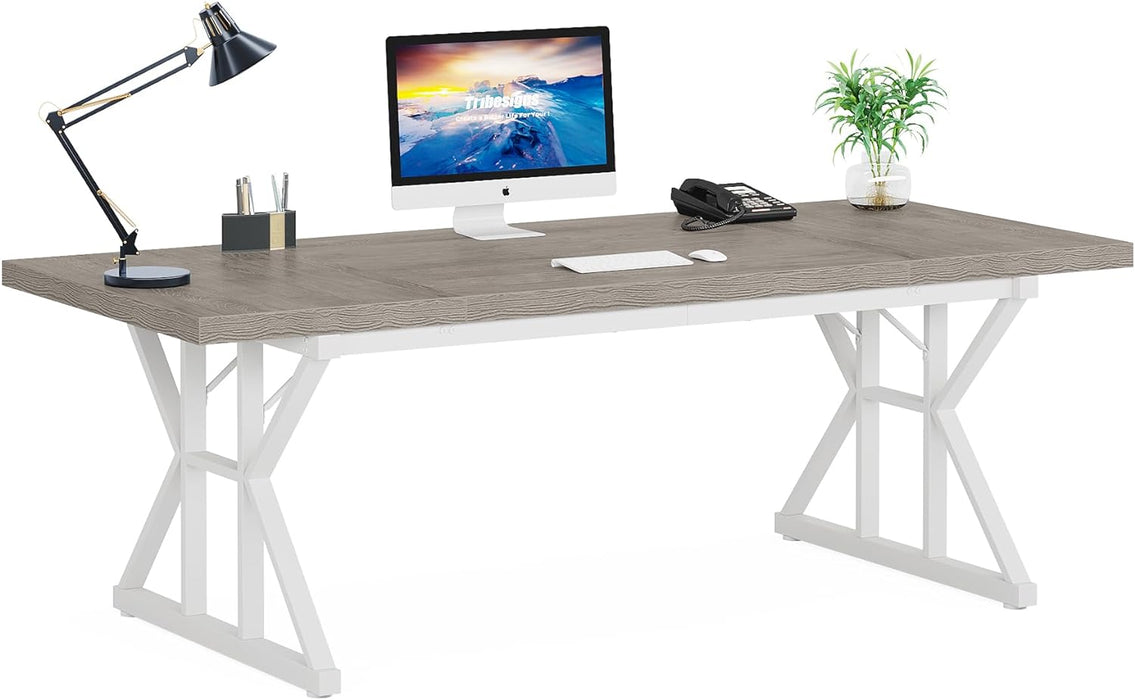 70.8-Inch Executive Desk, Large Computer Office Desk Workstation, Modern Simple Style Laptop Desk Study Writing Table Business Furniture for Home Office (Grey/White, 70.8 Inch)