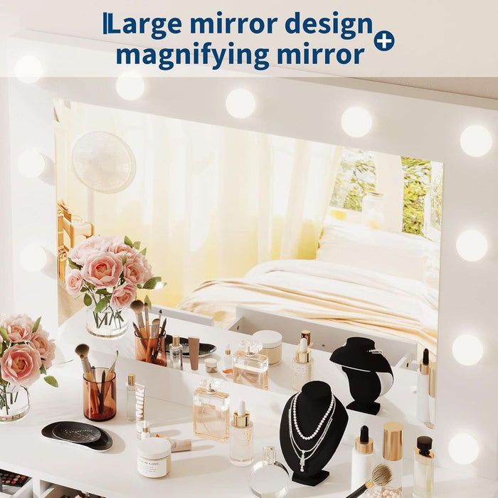 White Vanity Desk with Mirror and Light, Makeup Vanity Table with Charging Station, 7 Storage Drawers, 1 Cabinet, 3 Color Lighting Modes, Modern Wooden Dressing Table for Bedroom