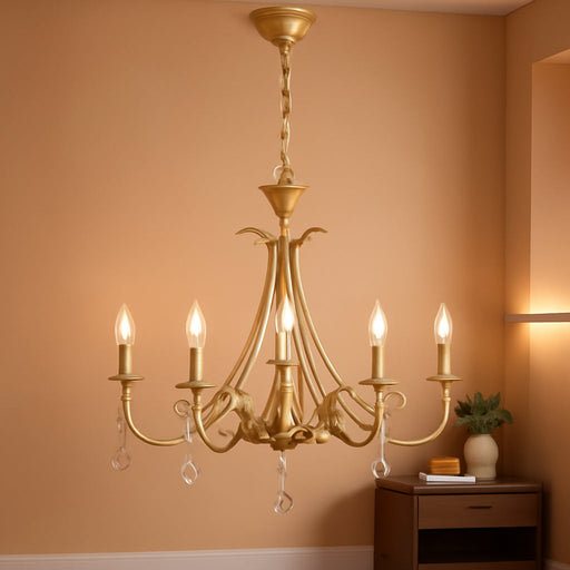 5-Light Farmhouse Chandeliers for Dining Room Lighting Fixtures Hanging, Rustic Gold Candle Modern Chandelier Vintage Hanging Ceiling Lamp for Bedroom Kitchen Island Living Room Entryway Foyer, Gold
