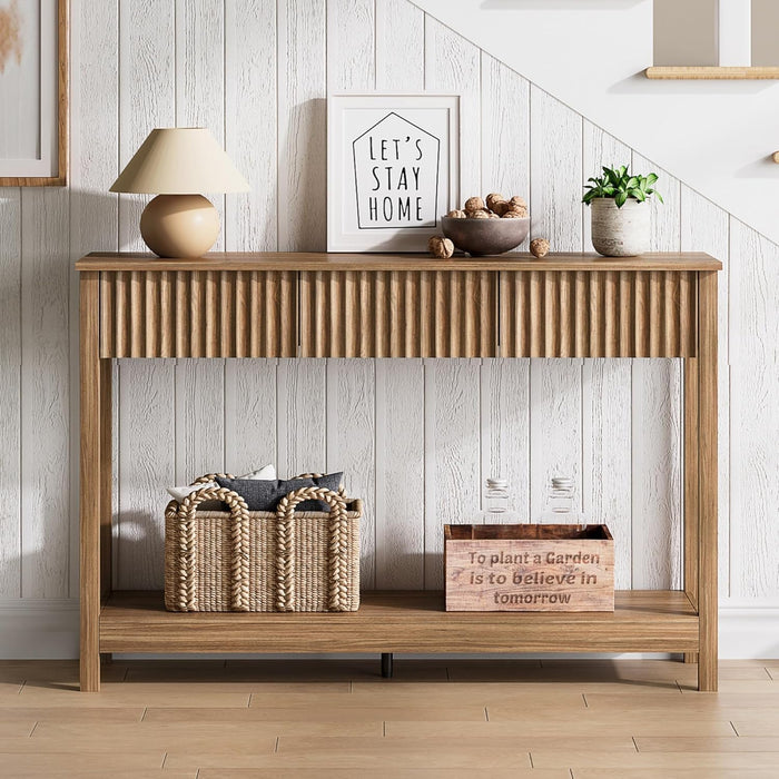 47" Console Table with Drawers, Fluted Narrow Entryway Table with Open Shelf, Farmhouse Sofa Table behind Couch for Hallway, Living Room, Brown