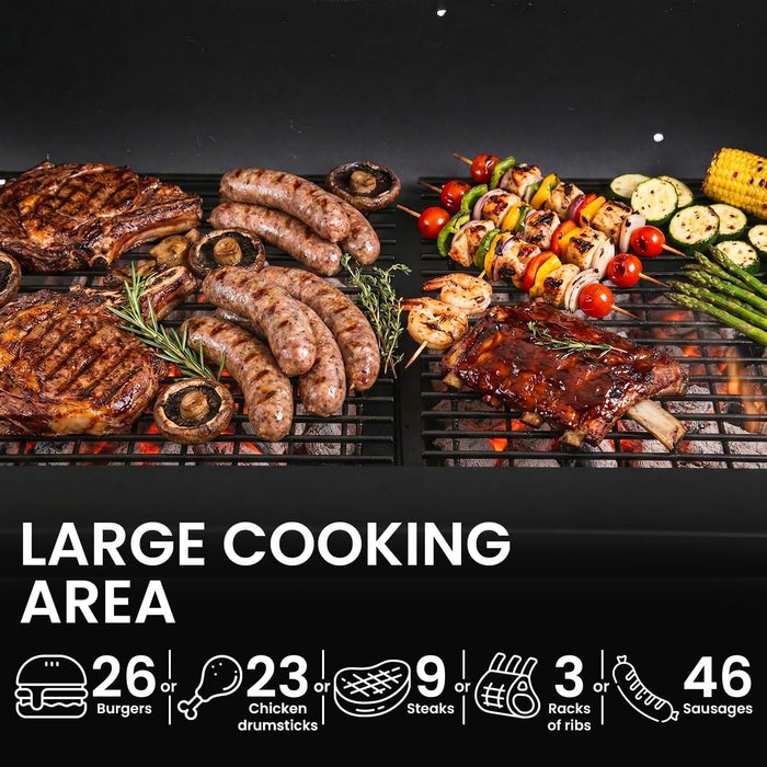 BBQ Charcoal Grill, Outdoor Heavy Duty Cooker Oven Barbecue Grill with Offset Smoker & Thermometer, Wheels and Tray for Patio Balcony Picnics, Party and Camping