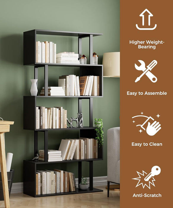 5-Tier Tall Bookshelf, S-Shaped Book Shelf Unit, Black