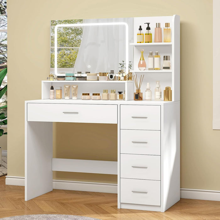 Makeup Vanity Desk with Liighted Mirror, Vanity Desk with 5 Drawers & Storage Shelves, Vanity Table, 3 Color Modes & Adjustable Brightness Dressing Table, Bedroom
