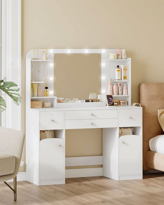 42.5" Large Vanity Desk，Dressing Table with Mirror and LED Light, Power Strip, 4 Drawers, 2 Open Storage Cabinets, and Jewelry Storage for Bedrooms, White