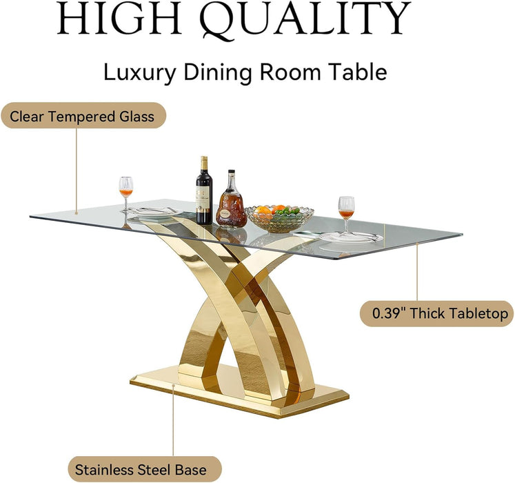 70" Gold Tempered Glass Dining Table, Modern Glass Kitchen Table Dining with Tempered Glass Tabletop and Unique Stainless Steel Pedestal, Modern Kitchen Dining Room Table for 8