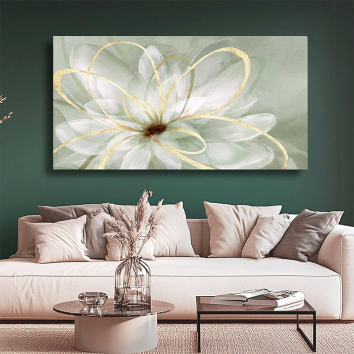 Flower Wall Decor White Blossom Plant Gold Line Canvas Painting Modern Hand Painted Wall Art for Living Room Bedroom Office 29X58 Inch