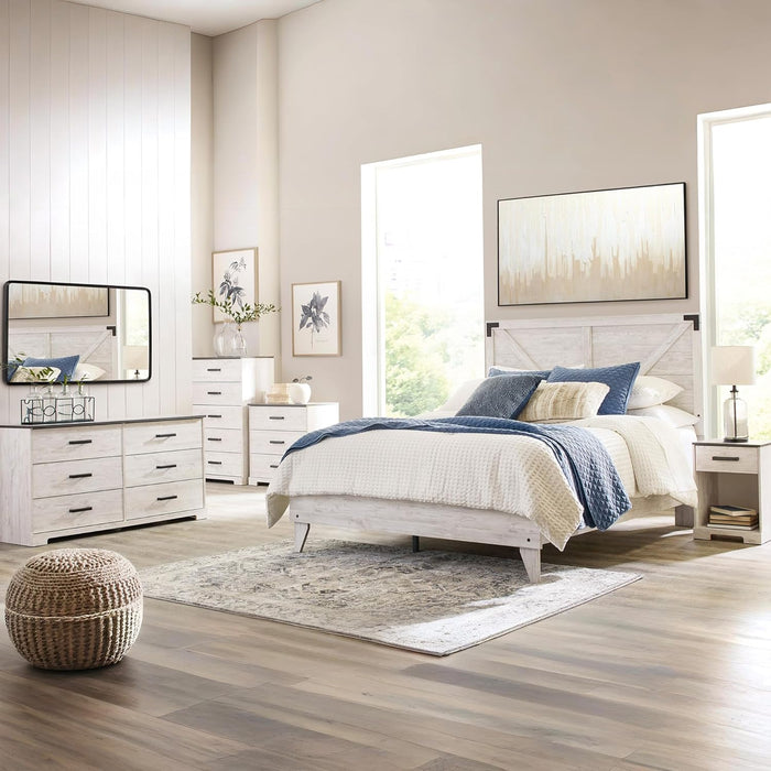Signature Design by Ashley Shawburn Industrial Queen Crossbuck Panel Platform Bed with Metal Slats, Foundation or Box Spring Not Needed, Whitewash