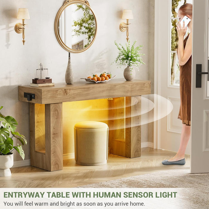 47" Entryway Table with Socket and Sensor Light, Narrow Console Table with Storage behind Couch, Farmhouse Entry Way Tables with Open Storage for Entrance/Hallway/Living Room, Natural Oak