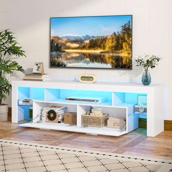 Modern Lighting 63 Inch TV Stand with Large Storage Drawer for 50 55 60 65 70 75 Inch Tvs, TV Console with 20 Color LED Lights, Entertainment Center Media and Open Shelf for Bedroom, White