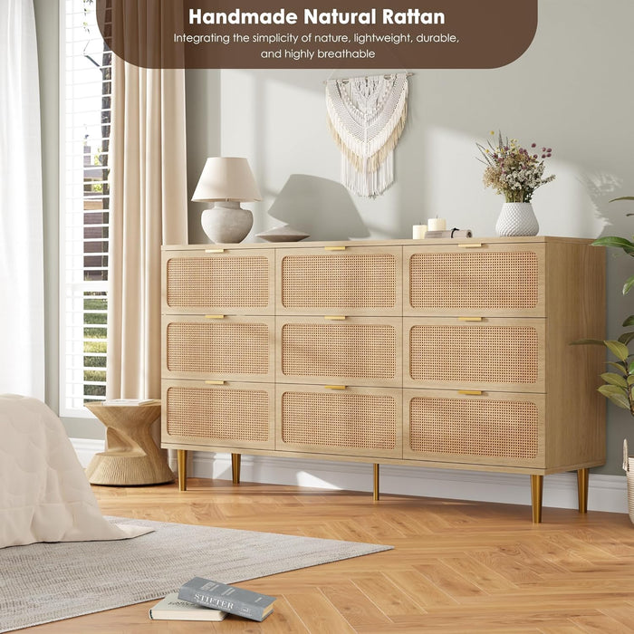 Rattan 9 Drawer Dressers for Bedroom, Tall Dresser with Deep Drawers, Large Chest of Drawers for Closet with Wide Top, Long Wooden Dresser for Living Room, Hallway, Kids Room, Natural