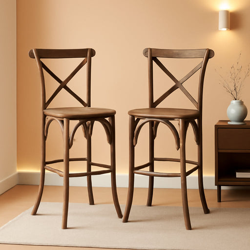 2 Pack HERCULES Series Dark Antique Wood Cross Back Barstool