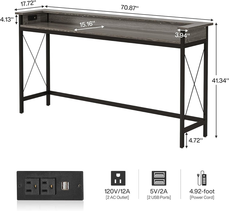 Sofa Table with Outlets and USB Ports, 70.9 Inch Extra Long Console Table behind Couch with Charging Station, Industrial Narrow Entryway Hallway Accent Table for Living Room
