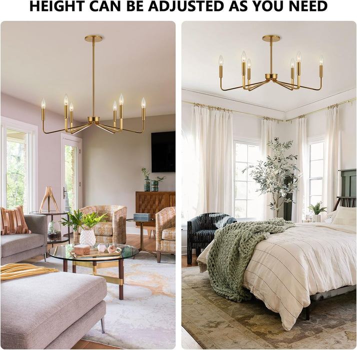 Gold Farmhouse Chandeliers for Dining Room, 6-Light Modern Chandelier Light Fixture, Brushed Brass Industrial Candle Lighting Hanging Ceiling for Living Room Bar Kitchen Island Lights