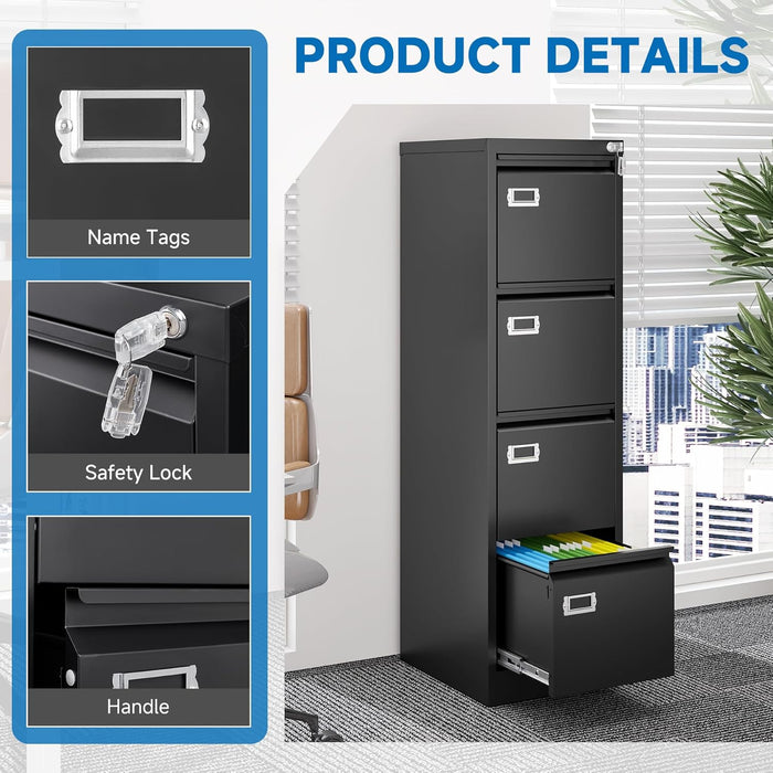 4 Drawer File Cabinet with Lock Metal Vertical File Cabinet Office Home Vertical File Cabinet for A4 Legal/Letter Size Narrow File Cabinet Locked,Assembly Required
