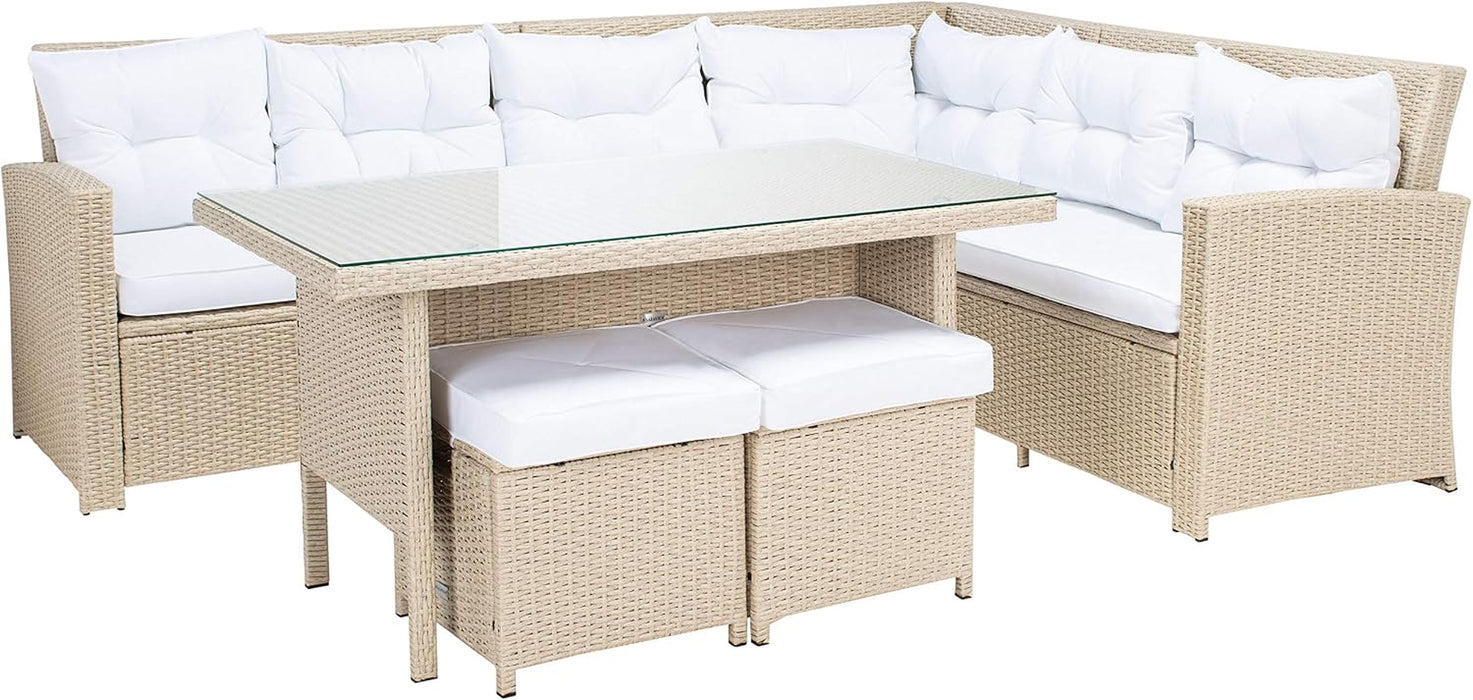 SAFAVIEH Outdoor - Miki 6-Piece Corner Sectional - Beige & White - Faux Wicker & Steel Frame - Wicker Sectional Set with Glass Table - Ideal for Patio, Deck, Porch, Backyard (PAT7708B)