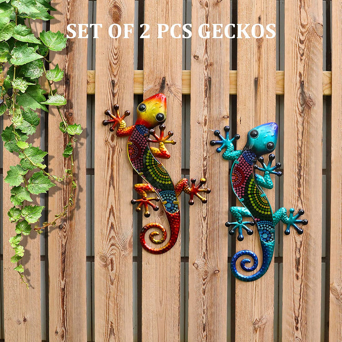 Metal Gecko Wall Art 2 Pack 15 Inch Lizard Outdoor Decor Hanging Glass Sculpture Decoration for Garden Fence Home