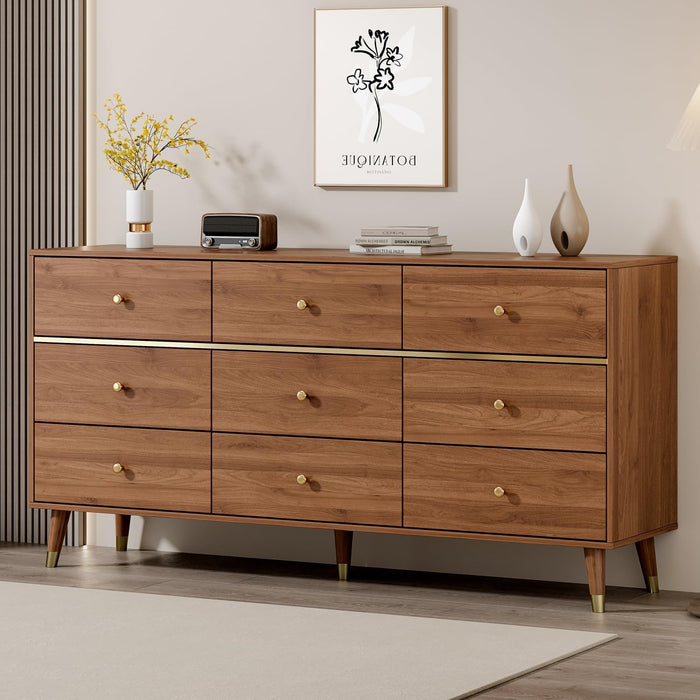 9 Drawer Dresser,63" Wide Mid Century Modern Chest of Drawers,Wooden Bedroom Drawer Dresser with 9 Storage Drawers for Bedroom, Living Room,With Anti-Tipping Device,Tan