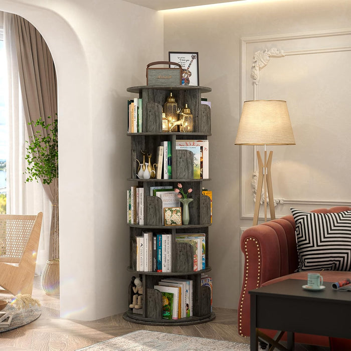 Rotating Bookshelf, 5 Tier Wood Spinning Bookshelf Tower,Black Oak