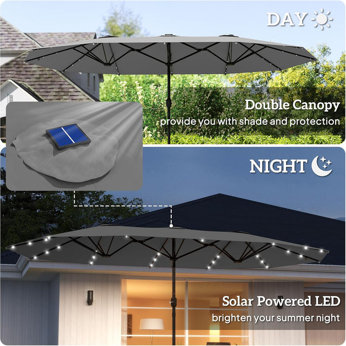 14.4Ft Large Patio Umbrella with 36 Solar LED Lights, Double Sided Outdoor Umbrella with Base Included