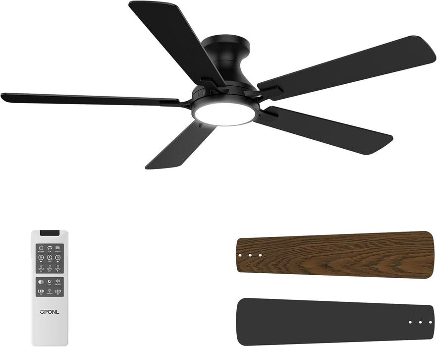 52 Inch Ceiling Fans with Light, Black Ceiling Fan with Light and Remote Control, Dimmable LED, Noiseless DC Reversible Motor, Flush Mount, Low Profile Ceiling Fans for Indoor/Outdoor Use