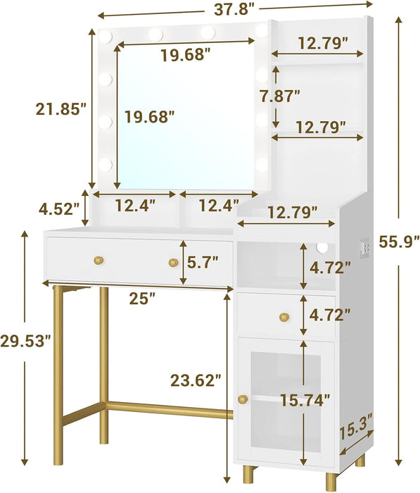 Makeup Vanity with Lights in 3 Colors, Vanity Desk with Mirror and Lights, White Makeup Table with Charging Station, Makeup Desk with Unique Separation Design