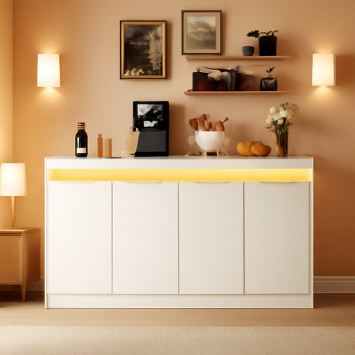 63" Sideboard Buffet Cabinet, Kitchen Buffet Cabinet Storage Cabinets with Power Outlets & LED Light, Modern Sideboard Coffee Bar Buffet Cabinets for Kitchen, Dinning, Living Room, White