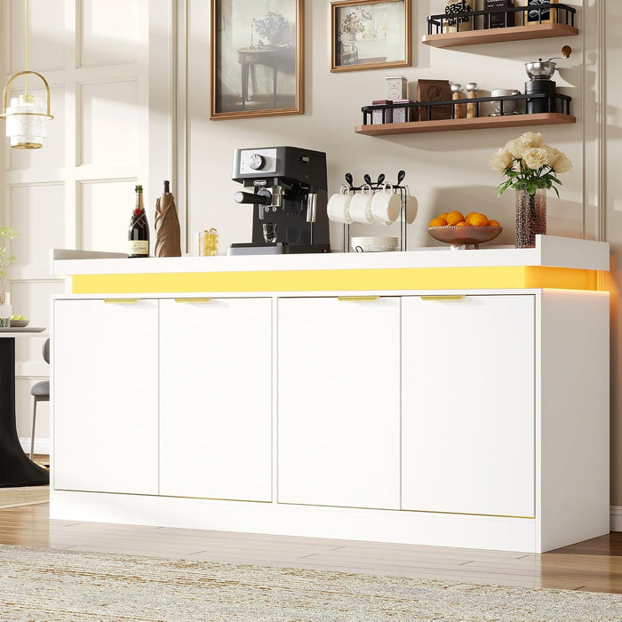 63" Sideboard Buffet Cabinet, Kitchen Buffet Cabinet Storage Cabinets with Power Outlets & LED Light, Modern Sideboard Coffee Bar Buffet Cabinets for Kitchen, Dinning, Living Room, White