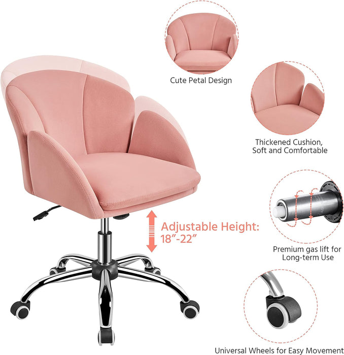 Pink Desk Chair Cute Velvet Chair for Home Office, Vanity Chair with Wheels Armrests Modern Swivel Rolling Chair for Bedroom