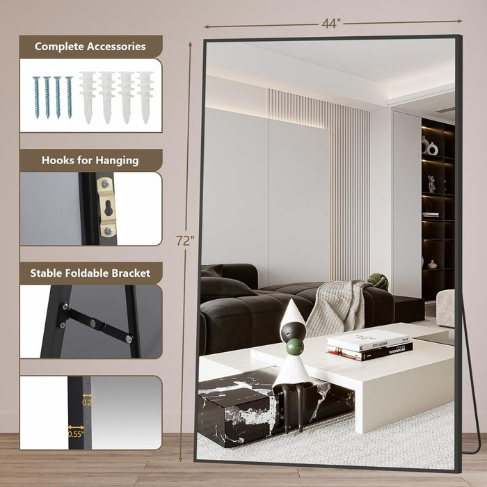 72"X44" Oversized Black Full Length Mirror, Floor Standing or Wall Mounted with Hanging Kit, Shatterproof Tempered Glass Mirror for Living Room, Bedroom, Dressing Room, Gym