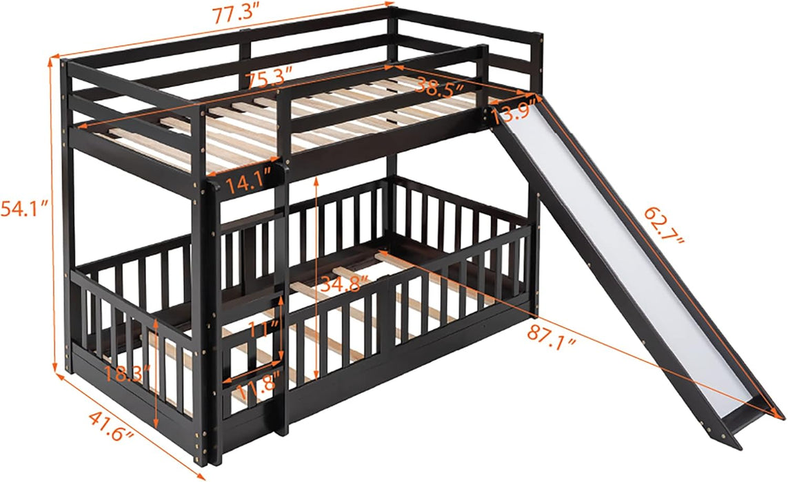 Twin over Twin Floor Bunk Bed with Slide and Ladder, Low Bunk Bed for Kids, Girls, Boys, Removable Fence, Bunk Bed with Slide, Espresso