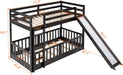 Twin over Twin Floor Bunk Bed with Slide and Ladder, Low Bunk Bed for Kids, Girls, Boys, Removable Fence, Bunk Bed with Slide, Espresso
