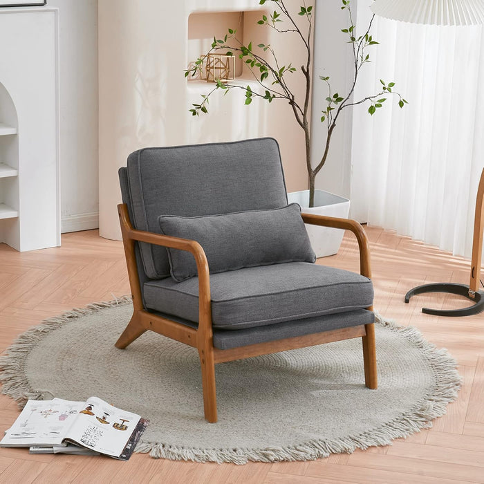 Gray Linen Upholstered MidCentury Chair With Pillow