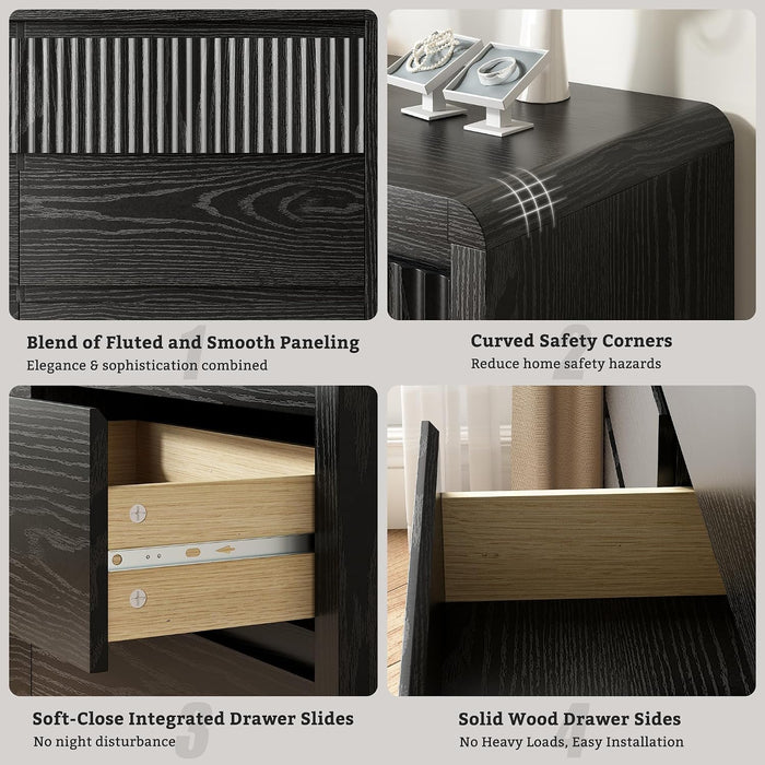 Black Fluted 8 Drawer Dresser for Bedroom, Curved Edge, 50" Wide