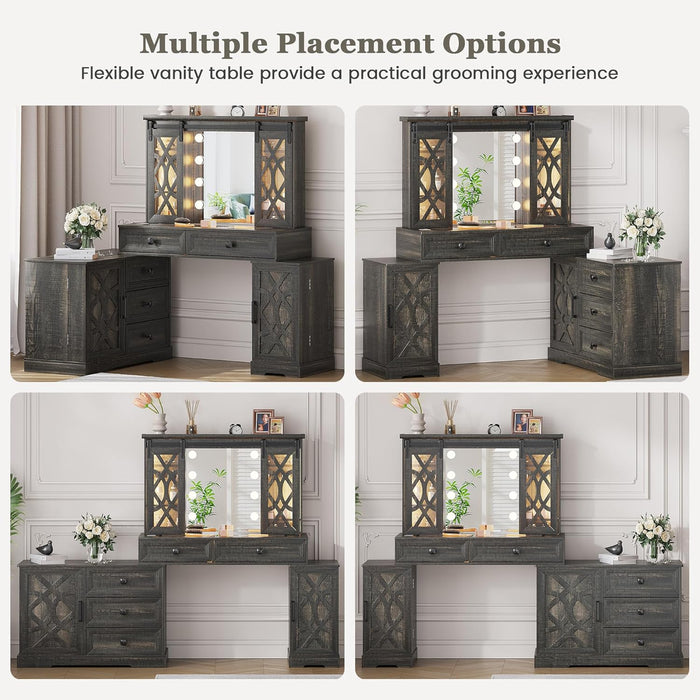 Farmhouse Makeup Vanity with Mirror & Lights, Large Vanity Desk with 5 Drawers & 9 Storage Shelves, Dressing Table with Jewelry Armoire, Vanity Gifts for Wife Girlfriends Women/Lady Girl (Brown)