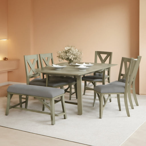 Rustic Gray Wooden 6-Piece Dining Table Set with Cushioned Chairs and Bench