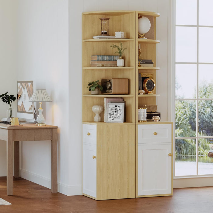 Corner Bookshelf and Bookcase, 71" H Wooden Book Shelves 4 Tier with Drawers and Storage Cabinet for Living Room, Office, Bedroom, Oak and White