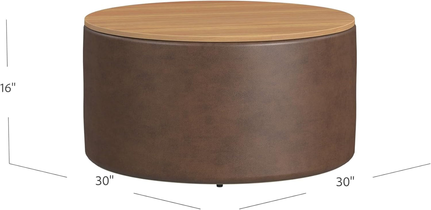 Modern Fabric Storage Ottoman with Wood Top - Faux Brown Leather