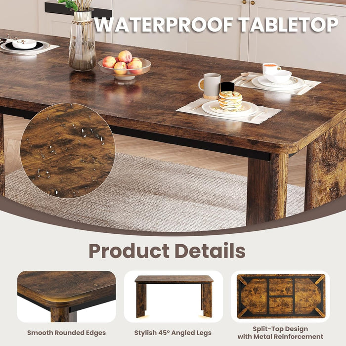 7-Piece Rectangular Dining Table Set for 6, 63" Industrial Kitchen Table with 6 Wooden Upholstered Dinner Chairs for Dining Room, Kitchen, Living Room, Brown+Beige