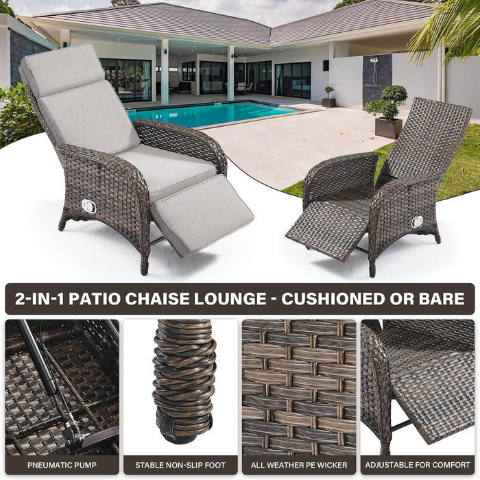 Versatile Outdoor Recliner Chair - Reclining Patio Chair with Adjustable Backrest and Footrest, All-Weather Wicker Chaise Lounge Chair Outdoor for Pool Deck Brown Beige