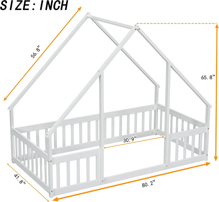 Twin White Montessori House Floor Bed IntegratedFence